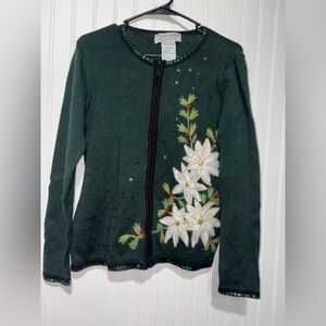 Vintage Tiara Green Floral Embellished Cardigan| Size Medium